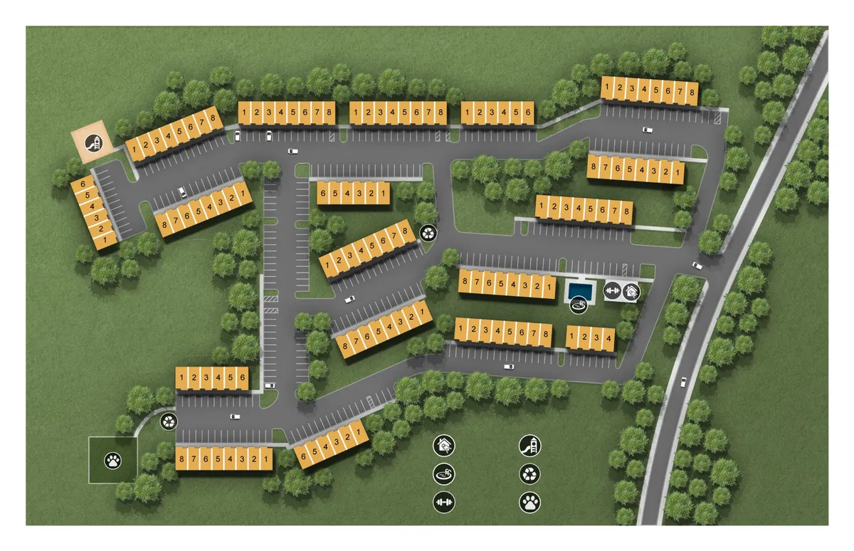 An exterior perspective showing the overall layout of the apartment complex, including parking spaces, clusters of buildings, and lush green areas. The open spaces are ideal for walking pets, meeting neighbors, or hosting community events, underscoring the accessible and connected environment offered by the property.